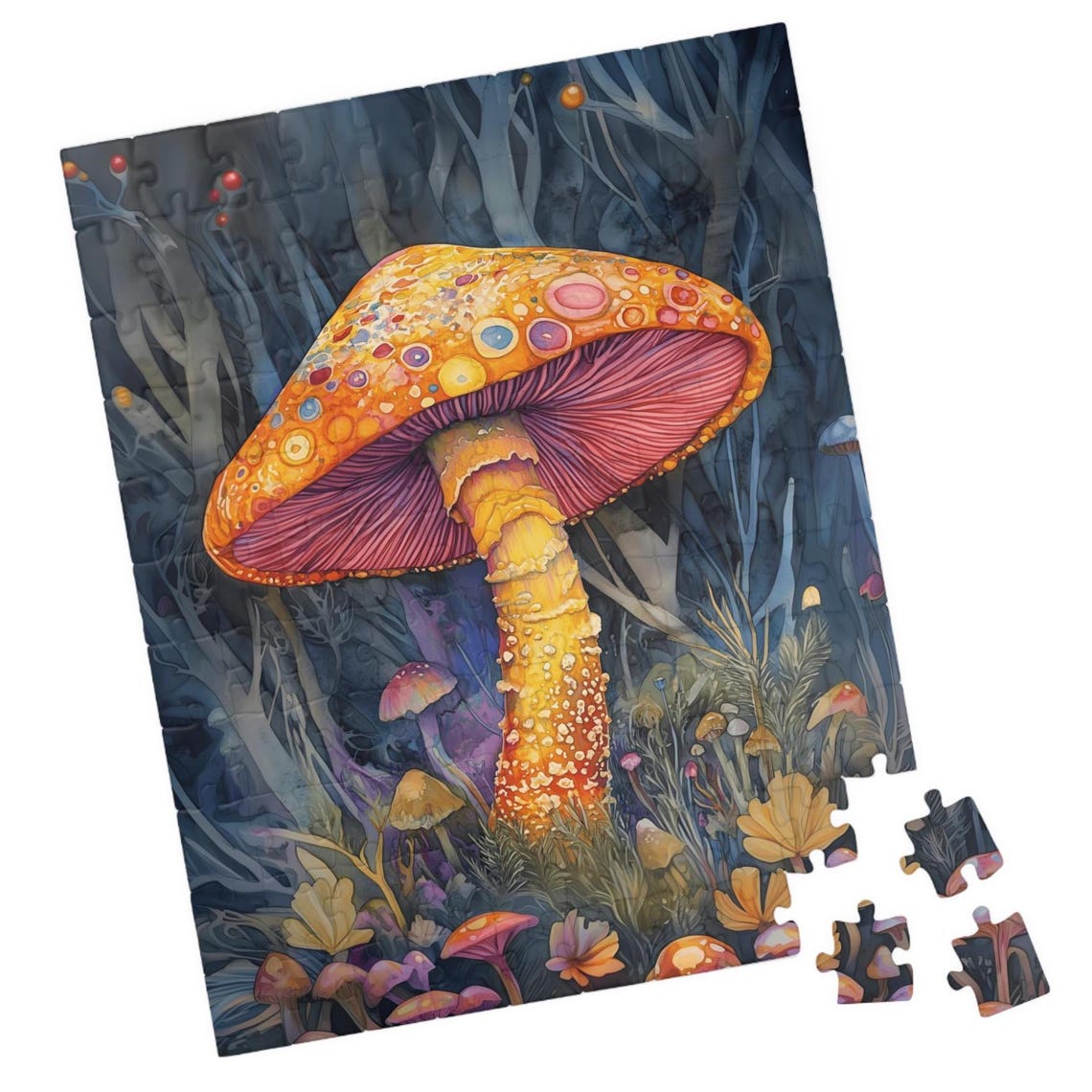 Glowing Orange Mushroom Rising in a Dark Woodland Forest Poster