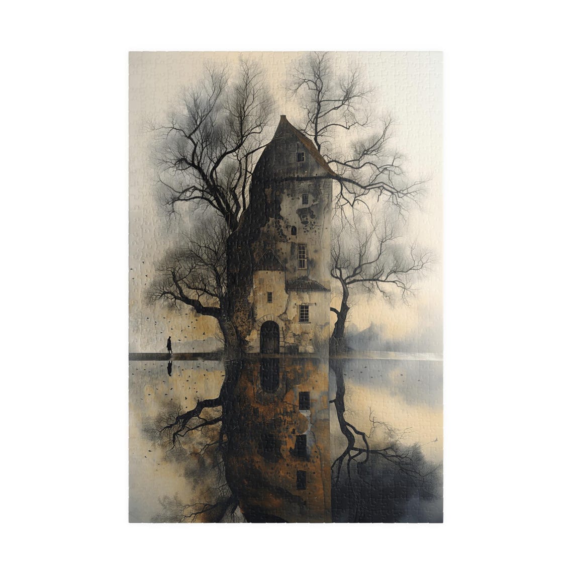 Moody Stone Lakeside House with Reflection in Misty Dawn Poster - Image 3