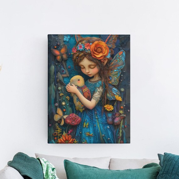 Kind Fairy Hugging A Tiny Bird Among Butterflies And Flowers Art Poster