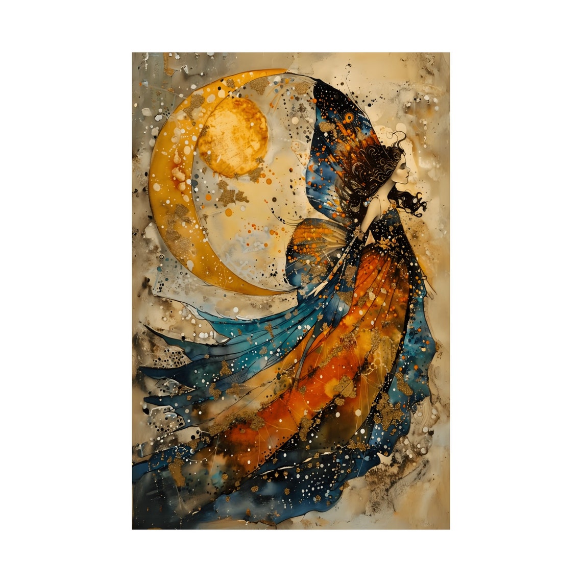 Moon Fairy Watercolor Butterfly Woman Golden Crescent Moon Poster - Image 4