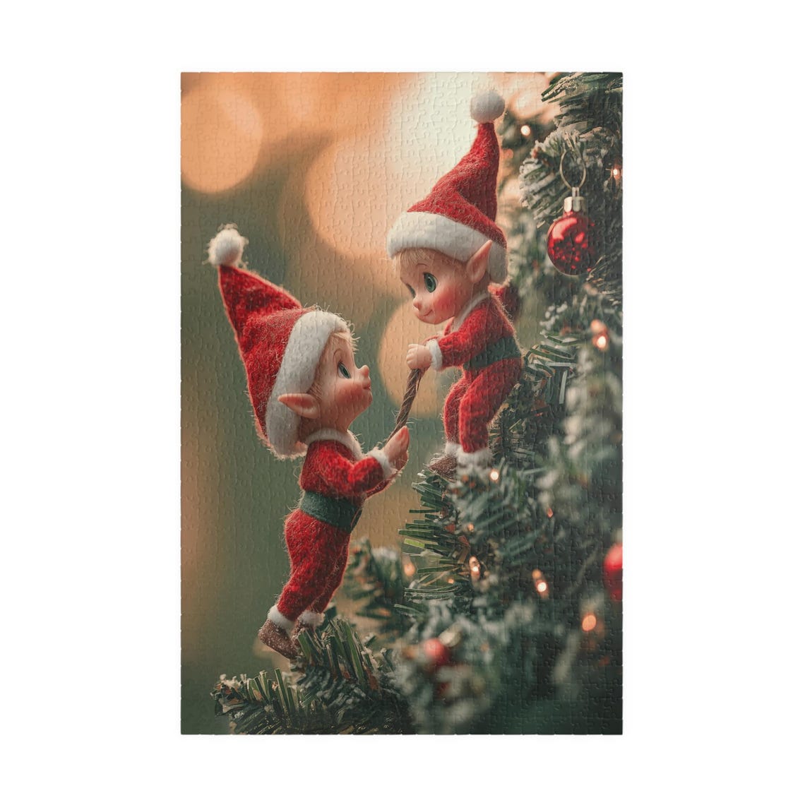 Two Cute Christmas Elves Pulling Garland On A Tree Art Print - Image 3