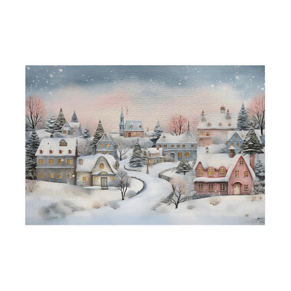 Snowy European Village Pastel Houses Church Winter Art Poster - Image 3