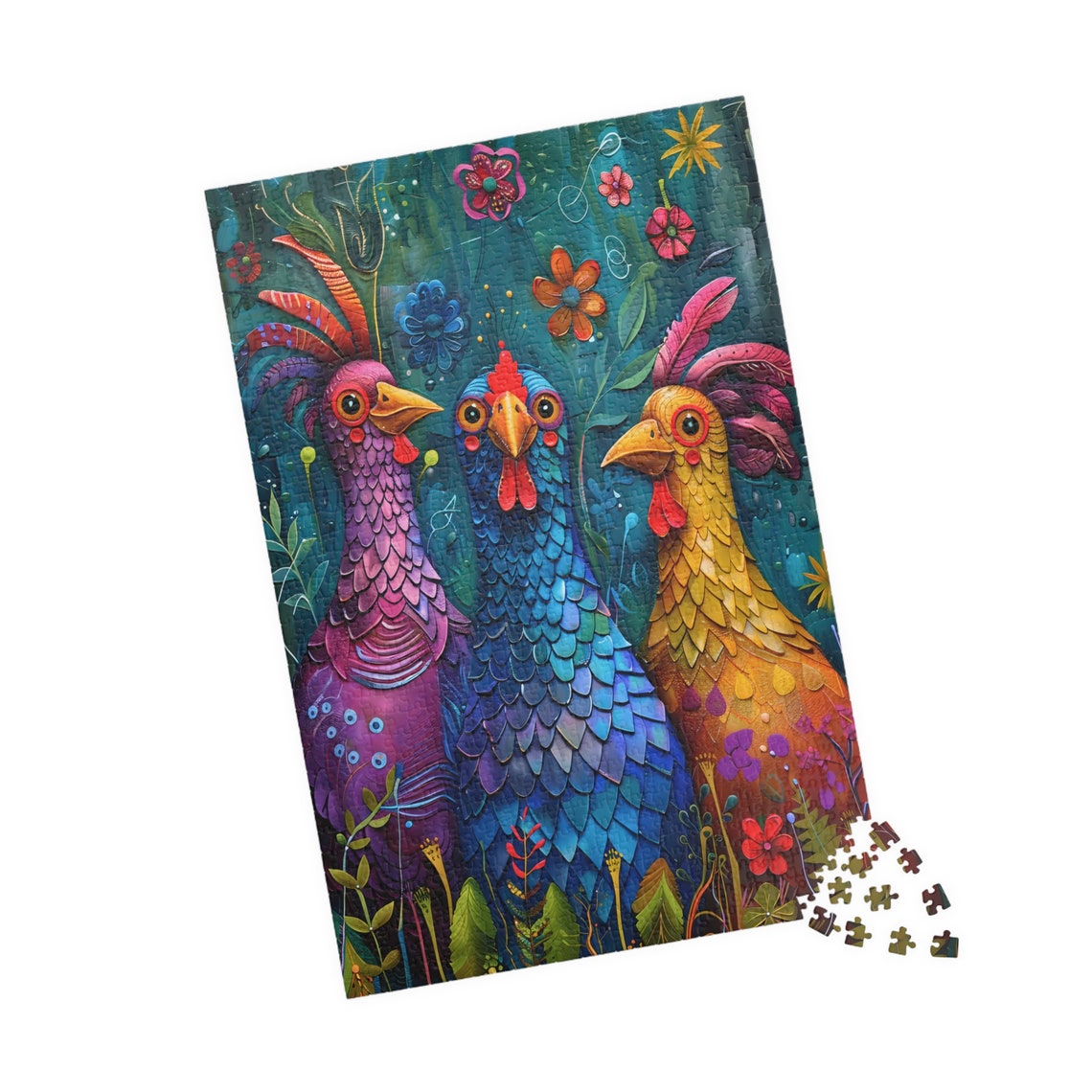 Three Colorful Chickens Folk Art Vibrant Rooster Trio Poster - Image 4