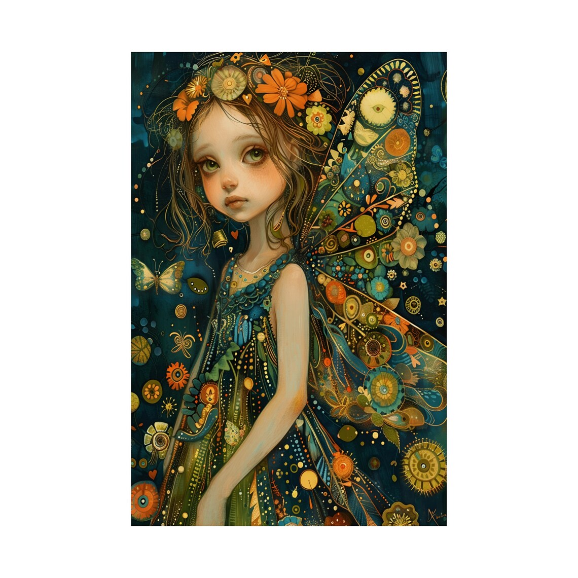 Little Fairy with Flower Crown and Butterfly Wings Watercolor Poster - Image 4