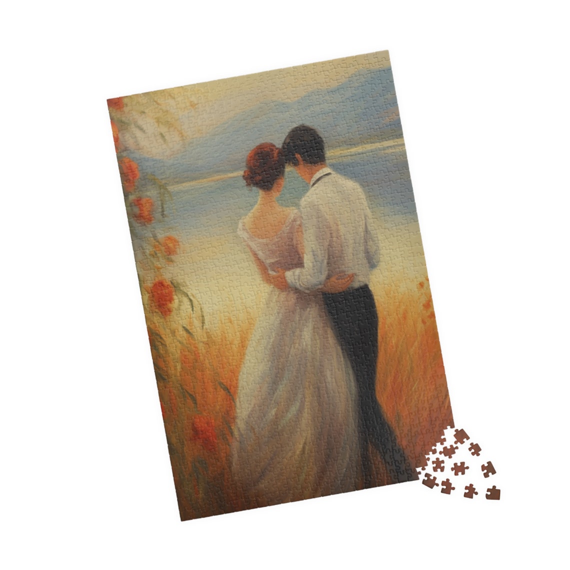 Romantic Couple Embracing By A Golden Sunset Lake Art Poster - Image 4