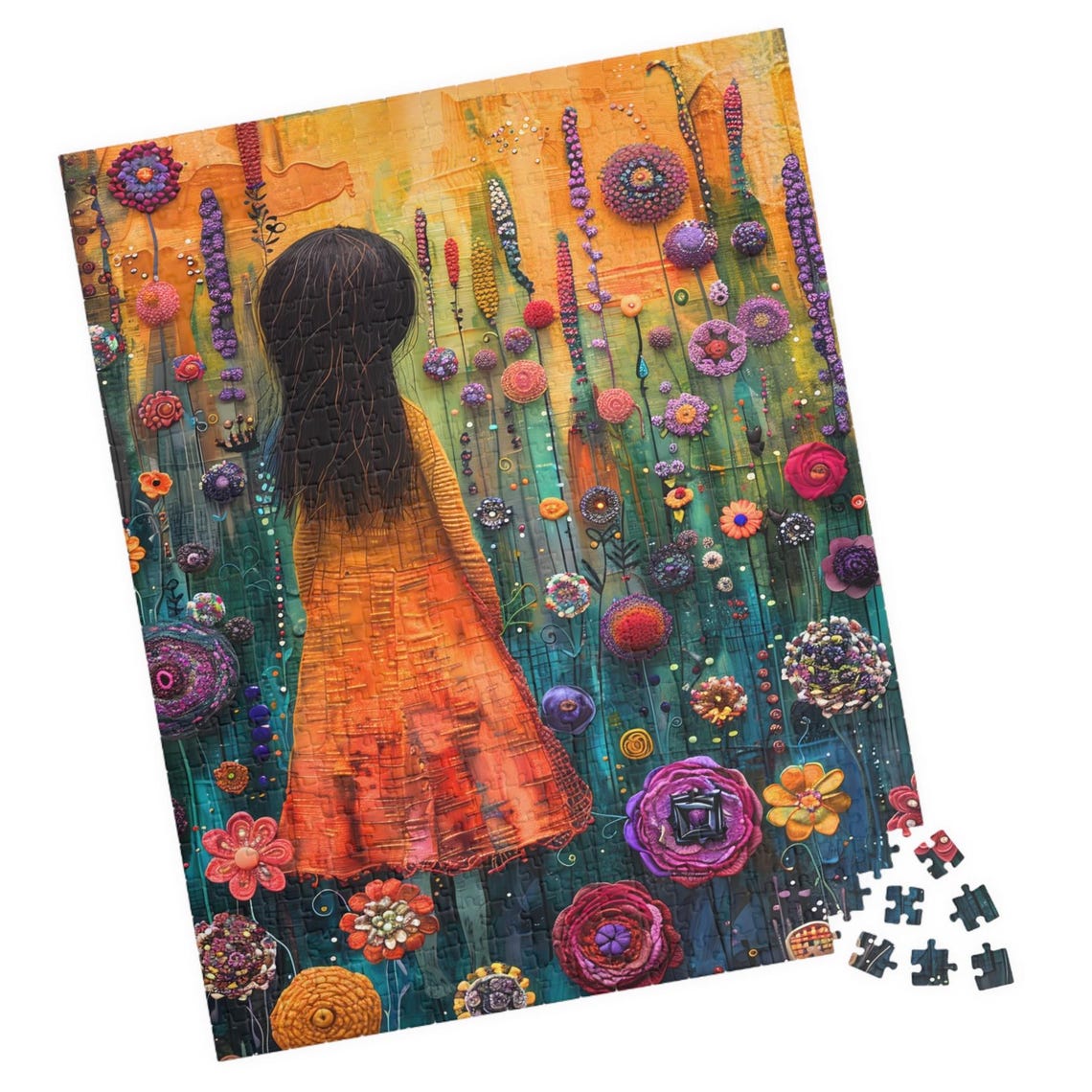 Girl in Orange Dress Walking Through a Textured Flower Garden Poster