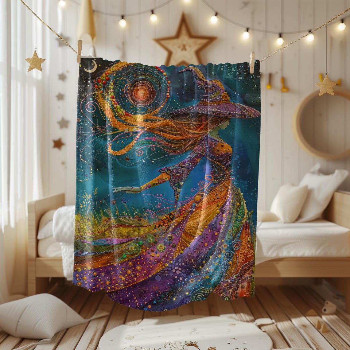 Cosmic Witch Portrait Holding a Fiery Spiral Galaxy Sun Poster