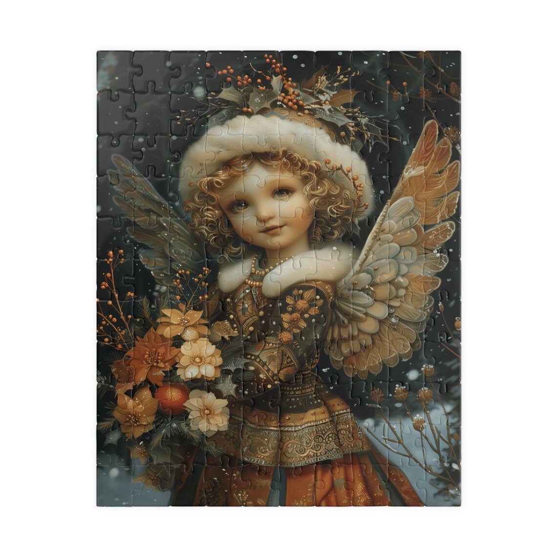 Classic Winter Angel Child in Fur Hood Holding Golden Flowers Poster - Image 5