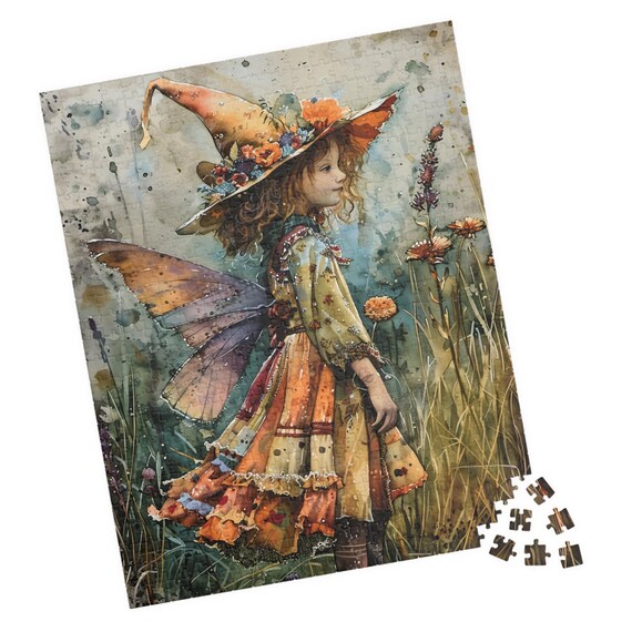 Field Fairy Girl in Flower Witch Hat Standing in Tall Grass Poster