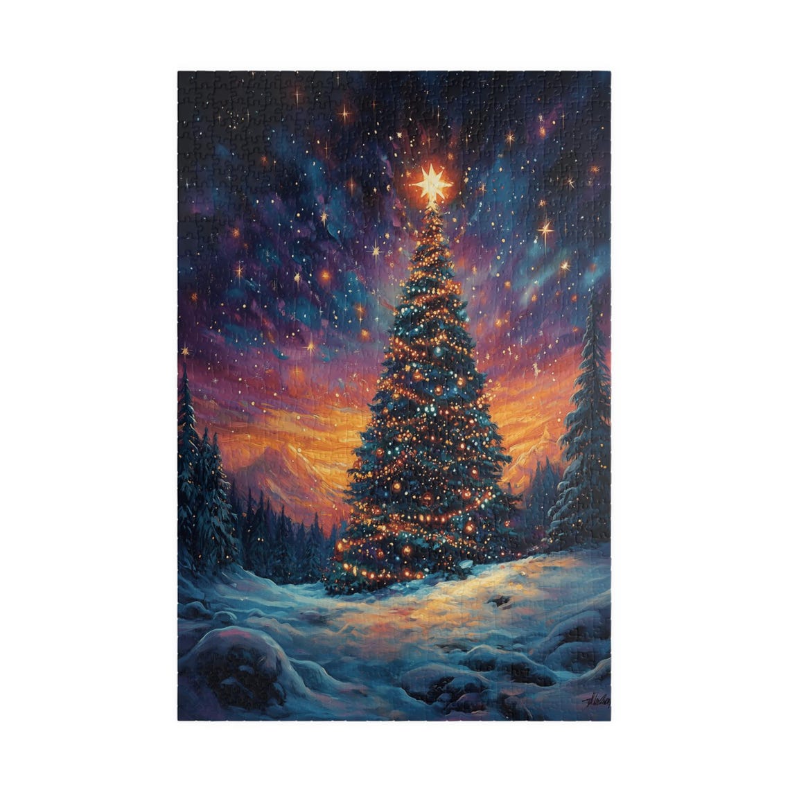 Glowing Christmas Tree Under a Starry Winter Sky Night Art Print - Image 3