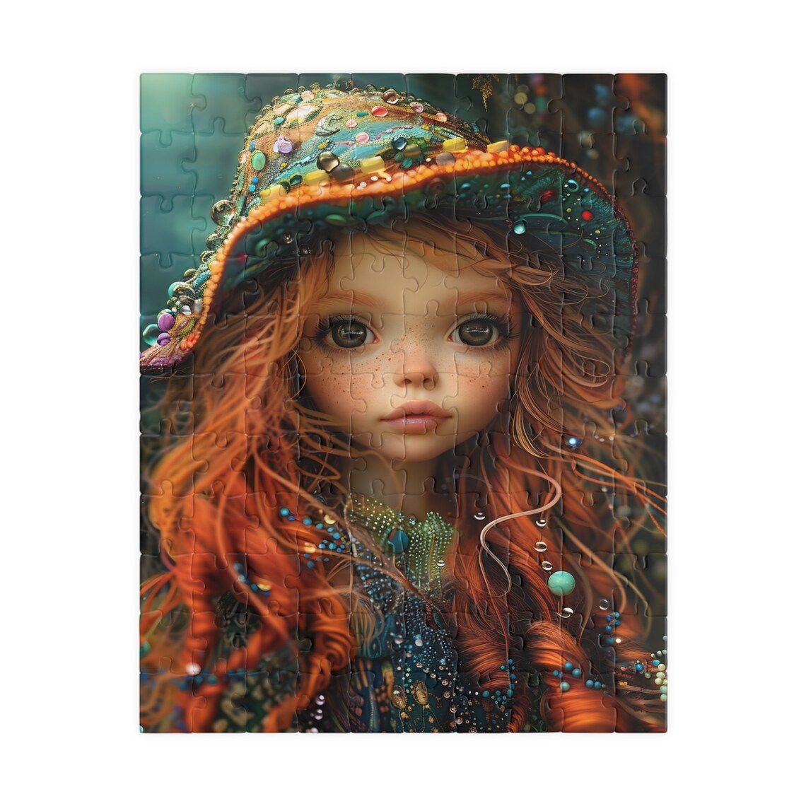 Red Haired Doll Girl Bejeweled Hat Fantasy Jigsaw Puzzle Print - Image 2