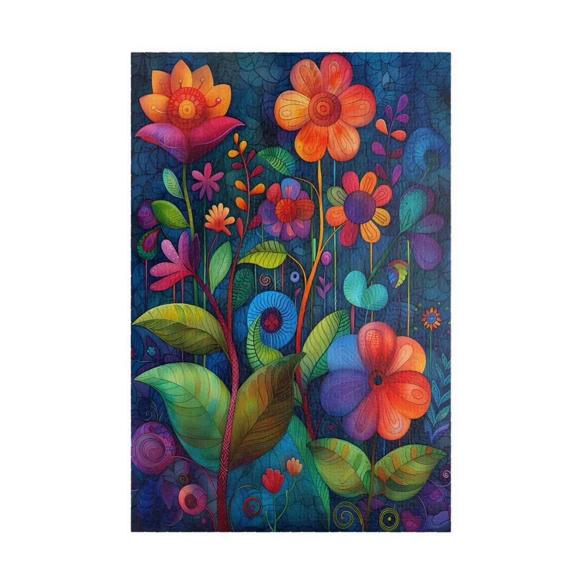 Colorful Folk Art Flower Garden Whimsical Bloom Field Poster Night - Image 3