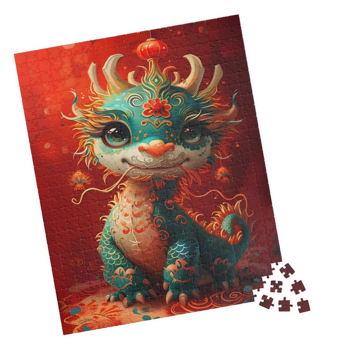 Cute Chinese Baby Dragon Lantern Red Background Fantasy Poster