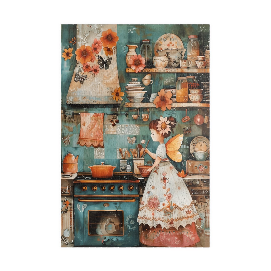 Fairy Girl in a Turquoise Vintage Kitchen with Orange Flowers Print - Image 3