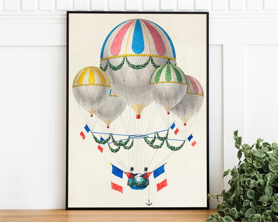 Vintage Hot Air Balloons French Flags Retro Ballooning Art Poster