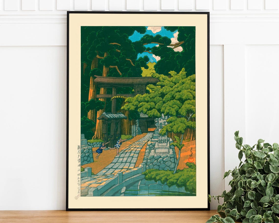 Japanese Shrine Torii Gate Tall Cedar Forest Woodblock Wall Art