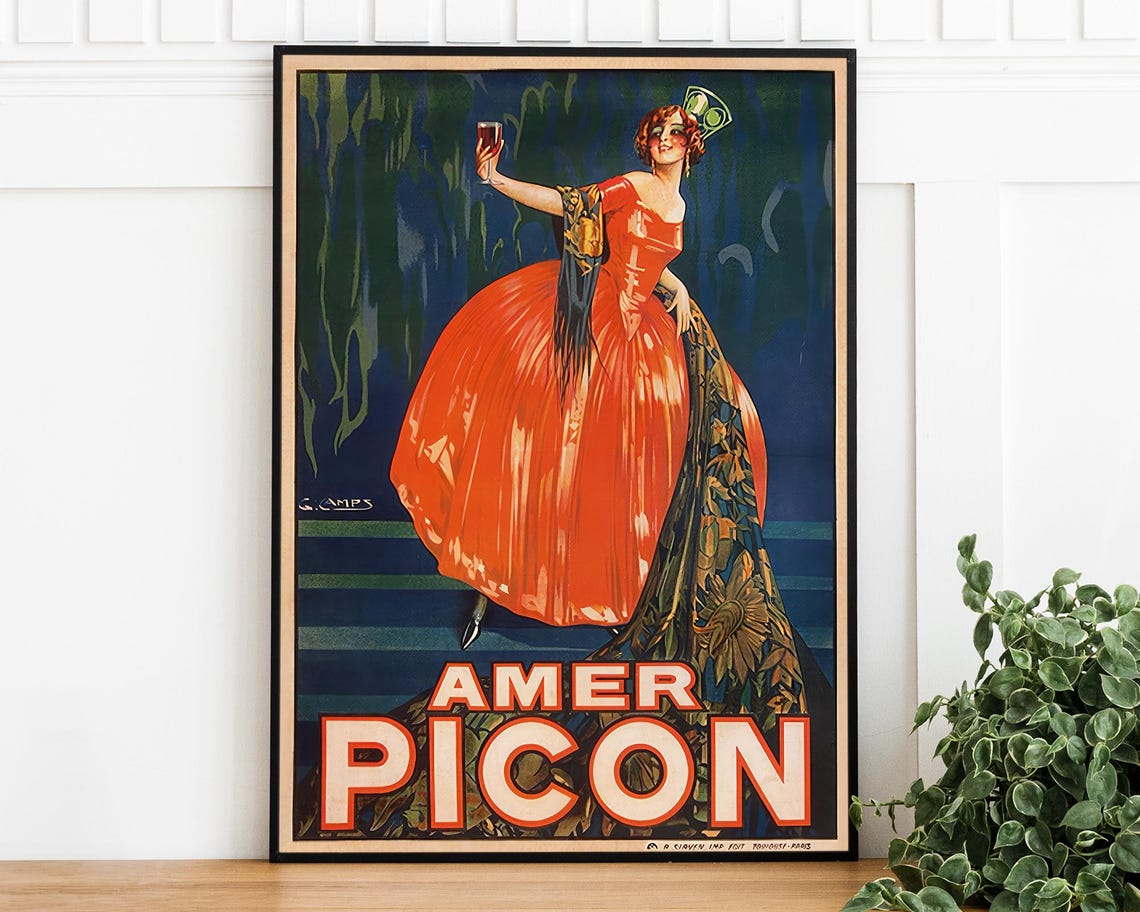 Amer Picon Vintage French Aperitif Red Gown Lady Advertising Poster