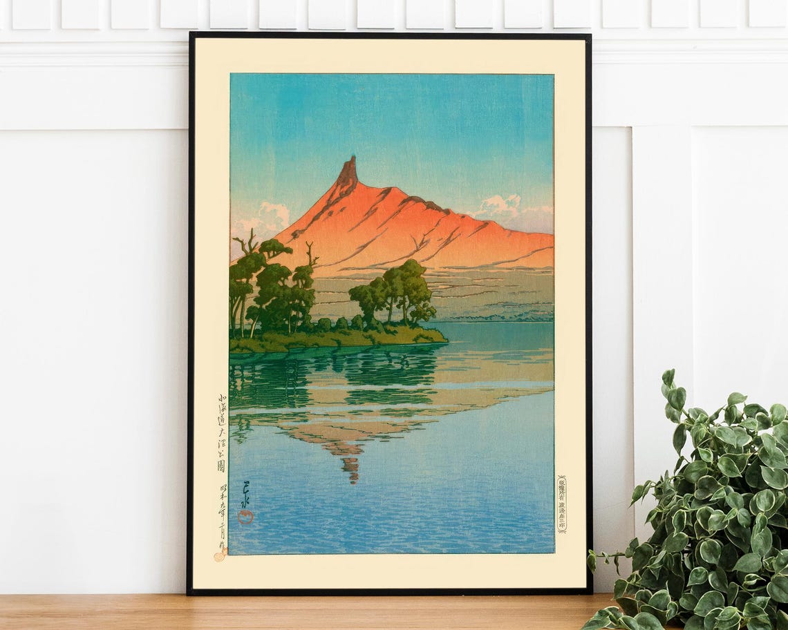 Vintage Japanese Red Mountain Lake Reflection Woodblock Art Poster