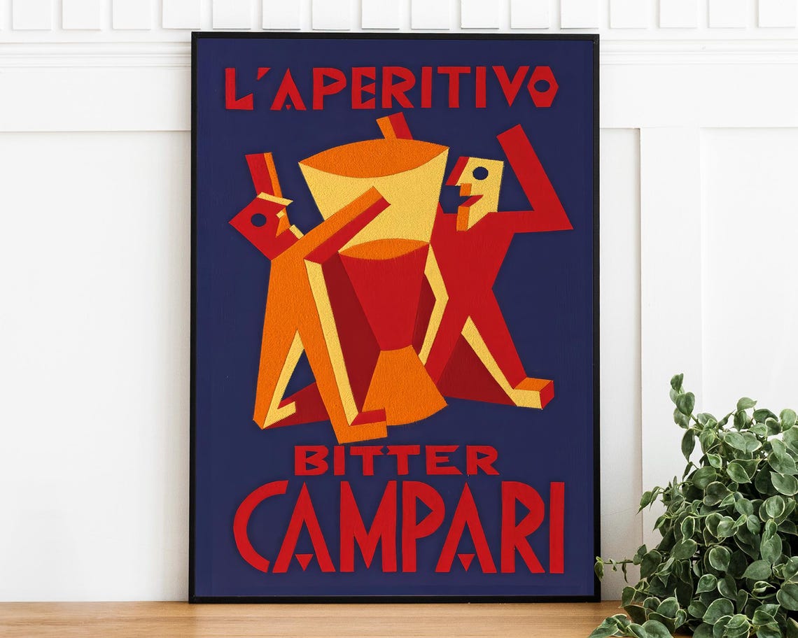 Laperitivo Bitter Campari Cubist Toast Red Figures Vintage Poster