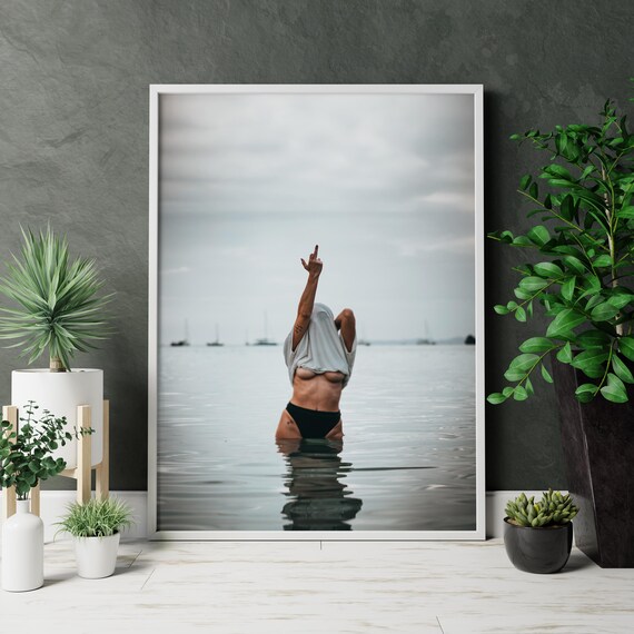 Rebellious Woman Middle Finger Raised in Water Moody Lake Attitude Poster