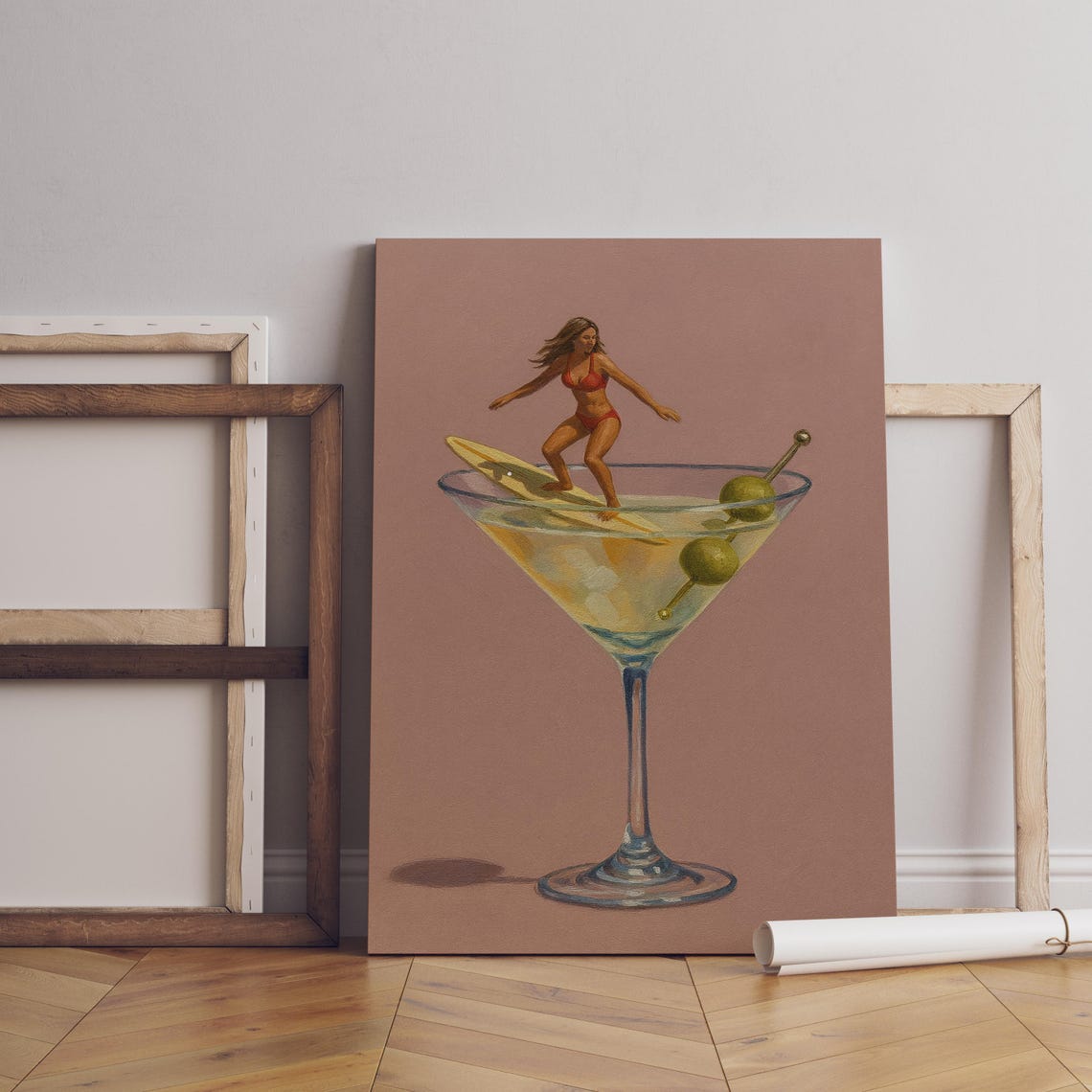 Surfer Girl Martini Glass Surreal Summer Cocktail Bar Art Poster