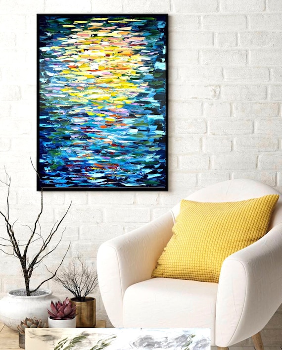 Abstract Ocean Night Painting Moonlit Water Colorful Blue Seascape Wall Art