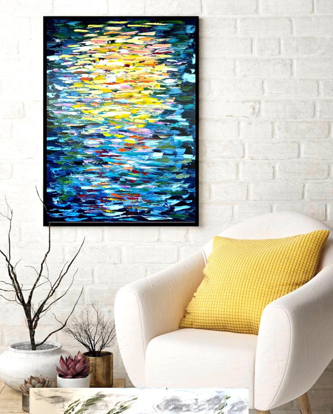 Abstract Ocean Night Painting Moonlit Water Colorful Blue Seascape Wall Art