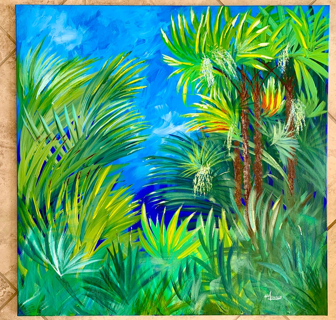 Tropical Palm Trees Blue Sky Green Foliage Original Painting Poster