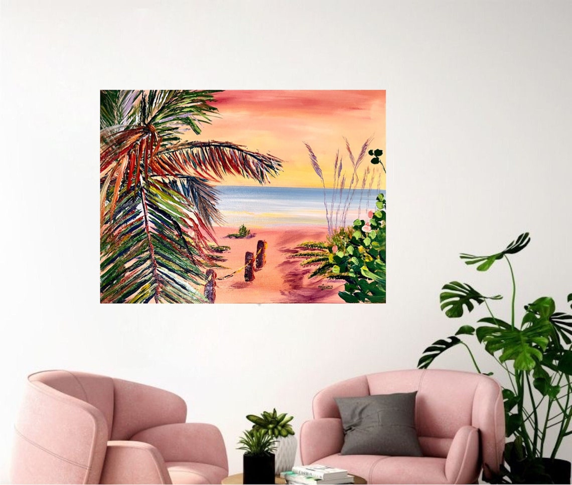 Pink Sunset Beach Palm Fronds Ocean Waves Romantic Coastal Poster