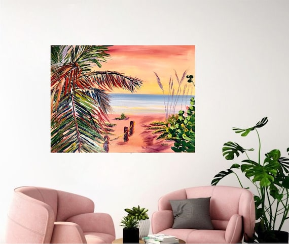 Pink Sunset Beach Palm Fronds Ocean Waves Romantic Coastal Poster
