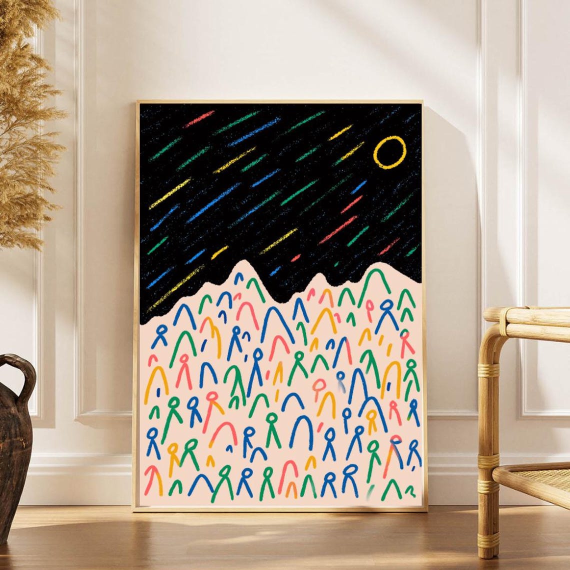 Colorful Abstract Night Sky Poster Minimalist Mountain Art With Stars Moon And Playful Shapes