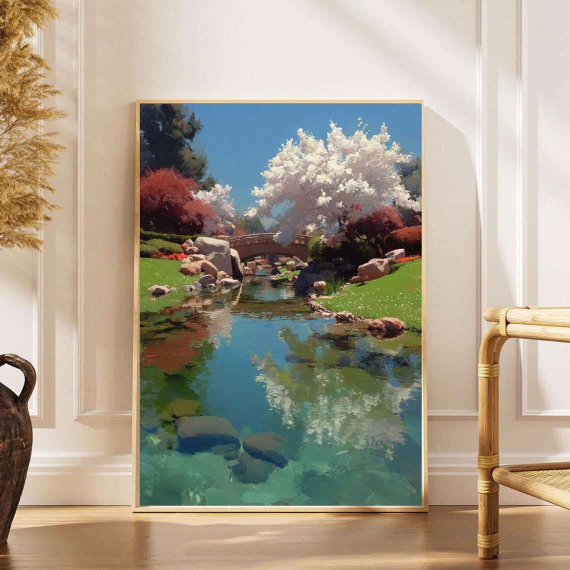 Japanese Cherry Blossom Garden Zen Pond Stone Bridge Art Poster