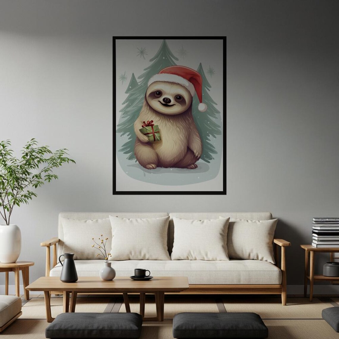 Cute Sloth Wearing Santa Hat Christmas Holiday Animal Art Poster
