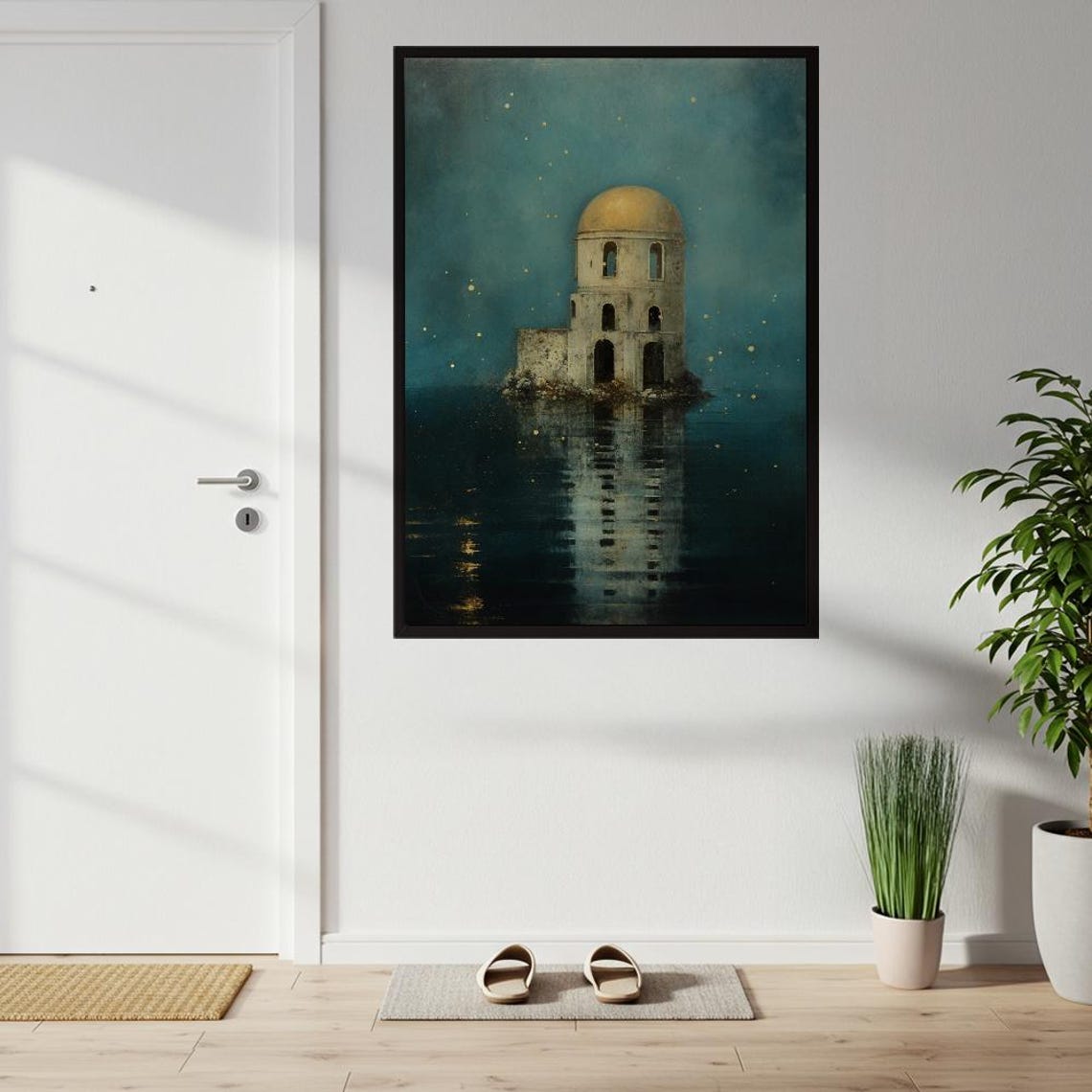 Surreal Golden Dome Tower Reflection Mystical Teal Dreamscape Poster