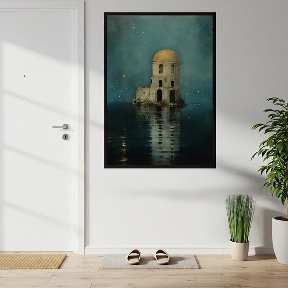 Surreal Golden Dome Tower Reflection Art Print Mystical Teal Dark Academia Wall Poster Ethereal Dreamscape Home Decor