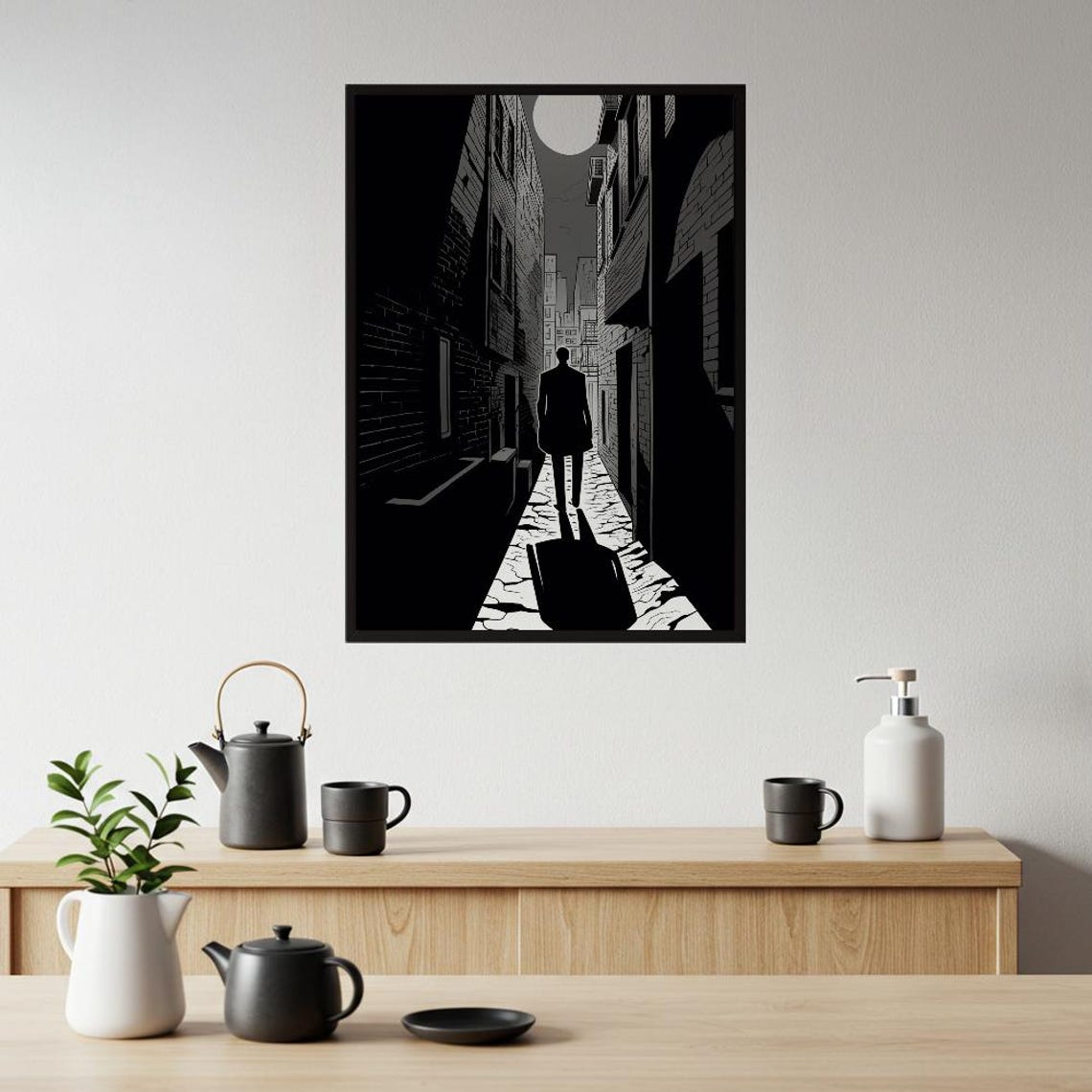 Shadowed Noir Alleyway Lone Figure Moonlit Cityscape Art Poster