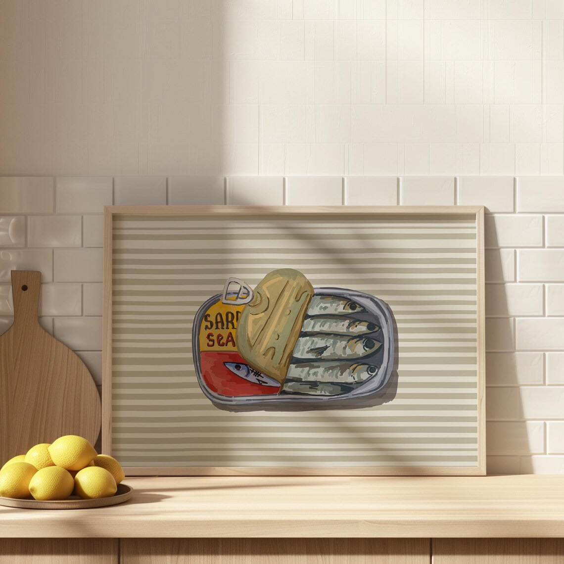 Sardine Tin Illustration on Beige Stripes for Kitchen Decor Poster