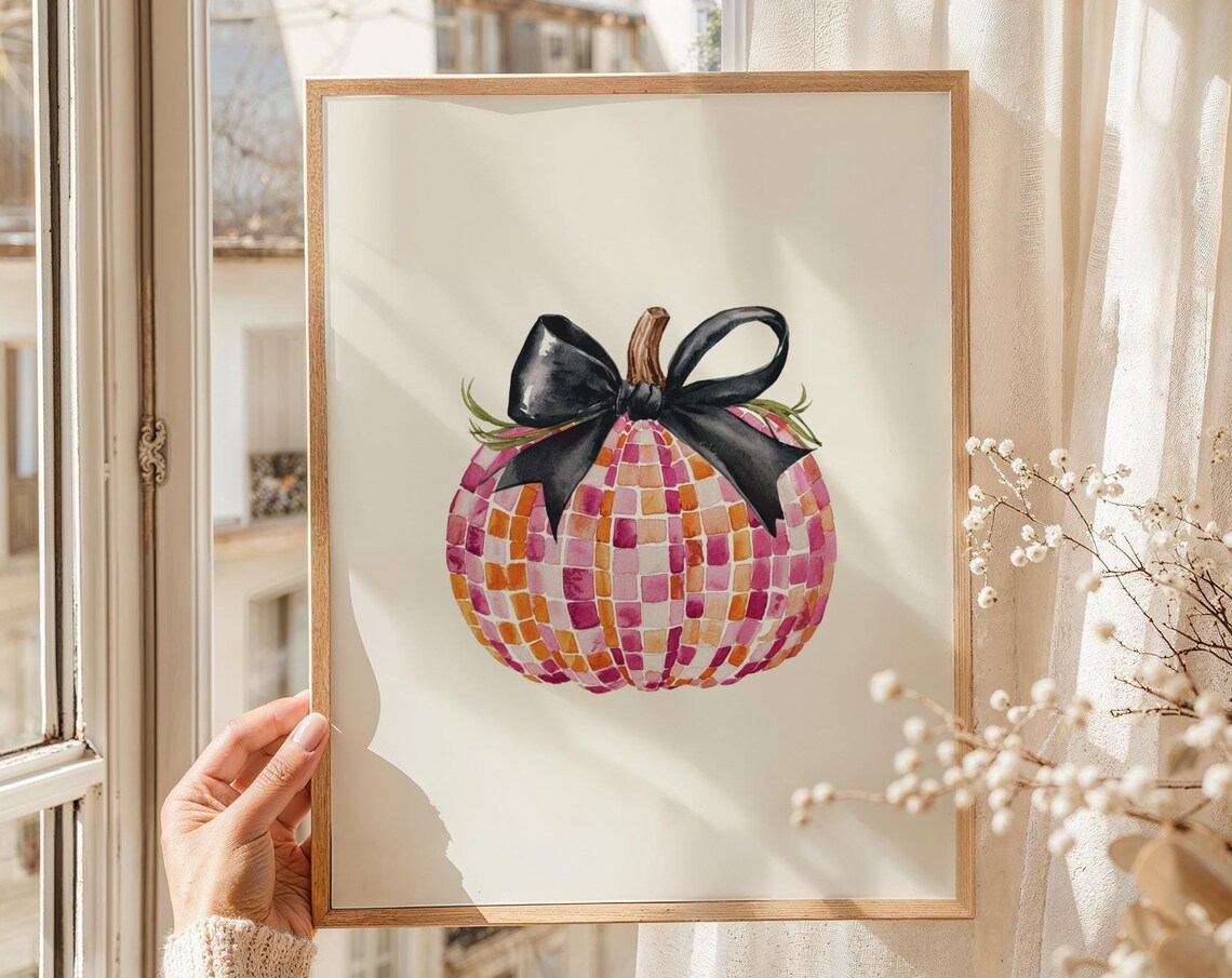 Disco Ball Pumpkin with Black Bow Groovy Fall Halloween Poster