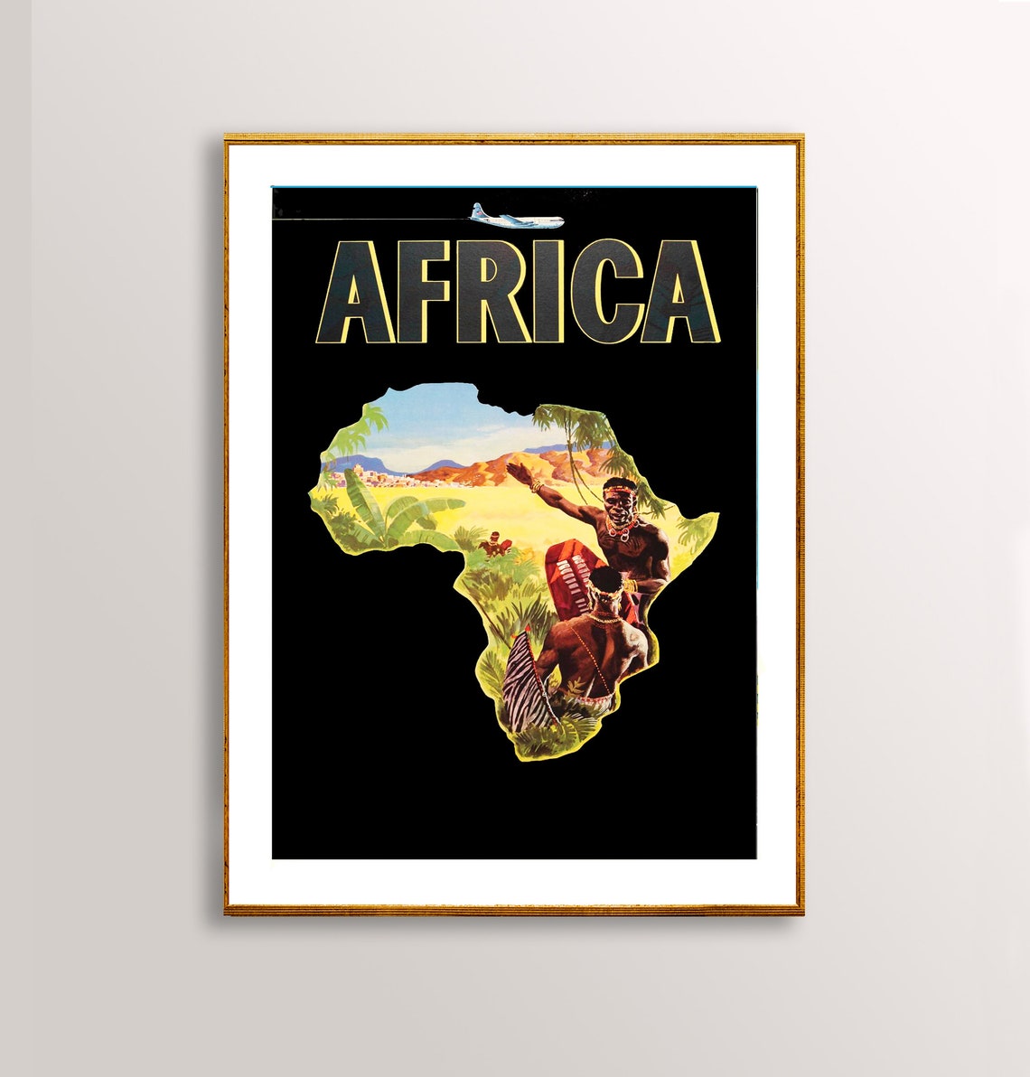 Africa Vintage Airline Travel Poster with Safari Map Shaped Artwork