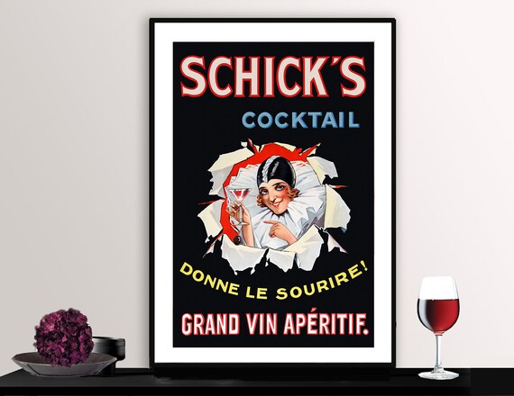 Schicks Cocktail Grand Vin Aperitif Clown Vintage Bar Poster