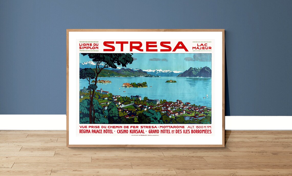 Stresa Lake Maggiore Italy Simplon Railway Vintage Travel Poster