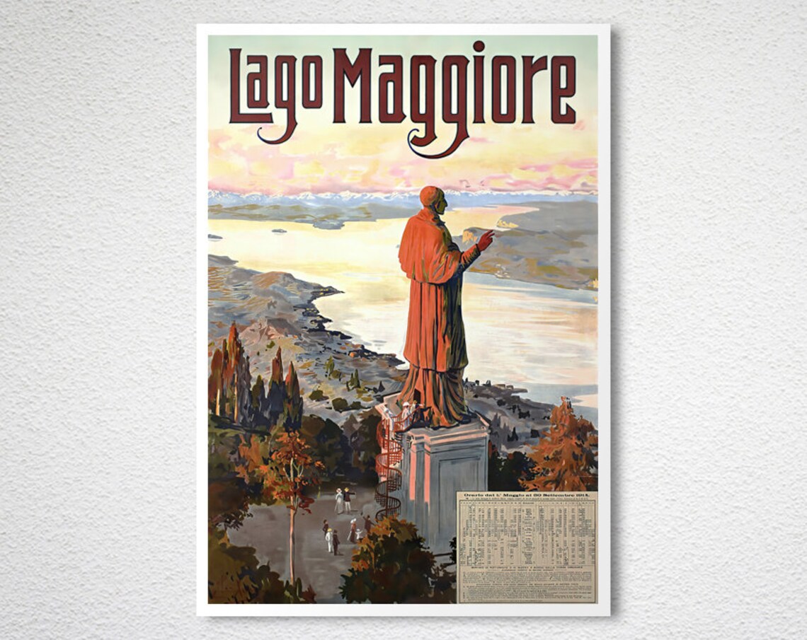 Lago Maggiore Italy San Carlo Statue Lake Vintage Travel Poster - Image 2