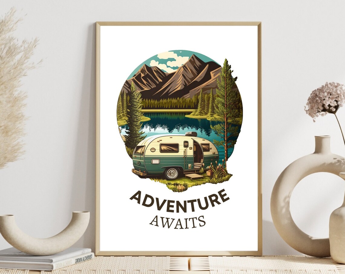 Adventure Awaits Vintage Camper Van Mountain Lake Retro Art Print