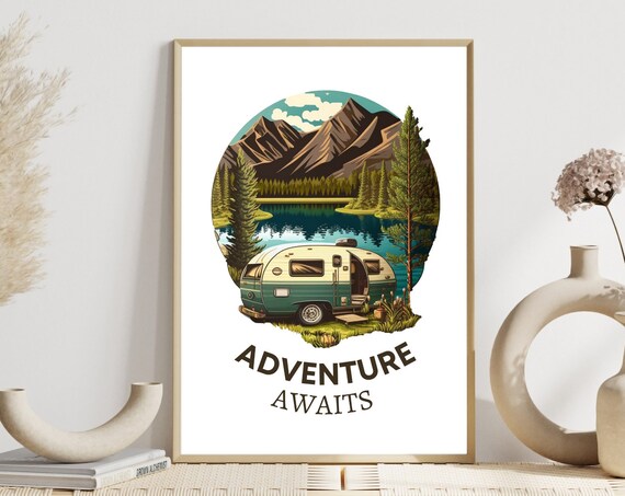 Adventure Awaits Vintage Camper Van Mountain Lake Retro Art Print