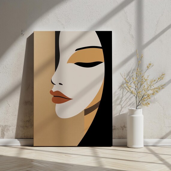 Minimalist Woman Profile Portrait Cream Black Gold Closed Eyes Art Print