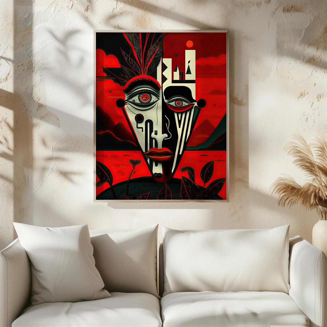 Surrealist Geometric Red Black Face Futuristic Cubist Mask Art Poster - Image 7