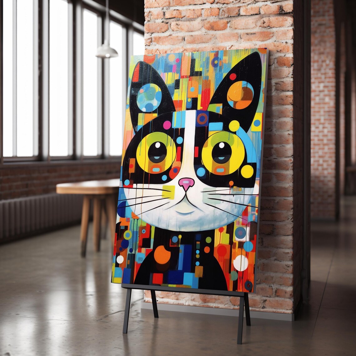Pop Art Cat Face Print Colorful Geometric Dots Yellow Eyes Wall Poster - Image 6