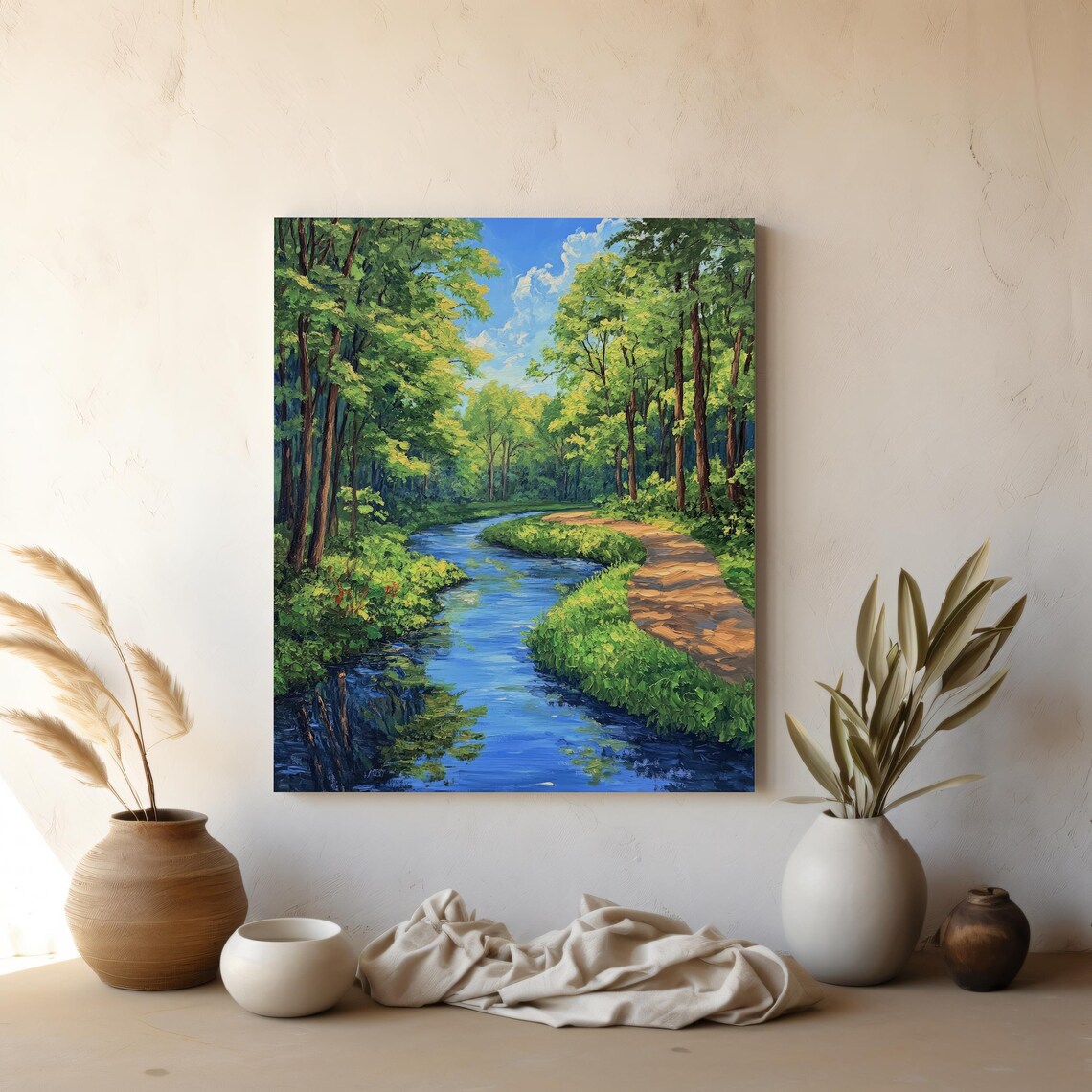 Serene Forest Stream Art Tranquil Nature Path With Lush Green Trees Peaceful Summer Landscape Wall Art Lush Forest - Image 5