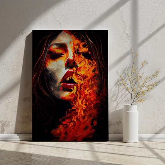 Fiery Abstract Portrait Art Woman In Flames Bold Expressionist Art Intense Red And Orange Wall Decor Ai Home Decor