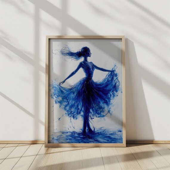 Graceful Dancer Blue Watercolor Flowing Dress Silhouette Elegant Wall Art